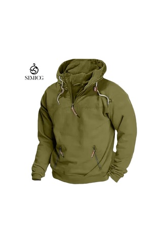 Sonbahar Ve Kış İçin Erkek Düz Renk Kapüşonlu Günlük Sweatshirt Yeşil