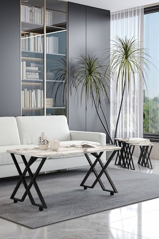 Milano Tekerlekli Orta Sehpa Siyah Metal - Beyaz Mermer Tabla