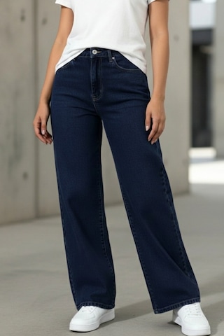 Woddi Nova Kadın Yüksek Bel Lacivert Salaş Jeans Wide Leg Geniş Paça Palazzo Kot Pantolon