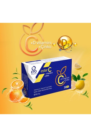 Evopharma Ester C Vitamin D Vitamin C ve Çinko İçeren Takviye Gıda 30 Tablet