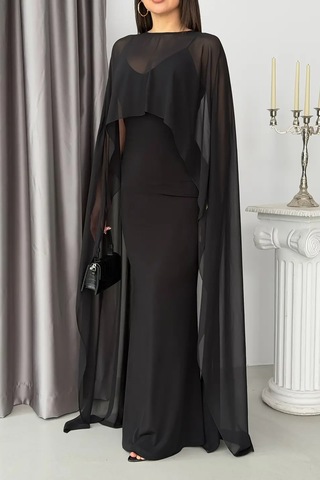 Feminist Siyah Yüksek Yaka Şal Askılı Elbise 475261698