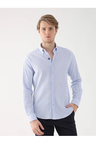 Dufy Açık Mavi Erkek Slim Fit Düğmeli Yaka Uzun Kol Gömlek - 95018 Açık Mavi