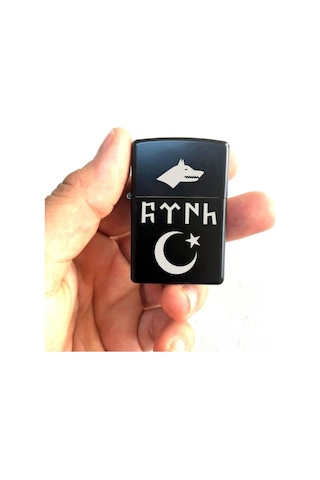 Kurt Başlı Eski Göktürk Yazısı Türk Ay Yıldız Lazer Silinmez Resimli Benzinli Hediyelik Çakmak Siyah