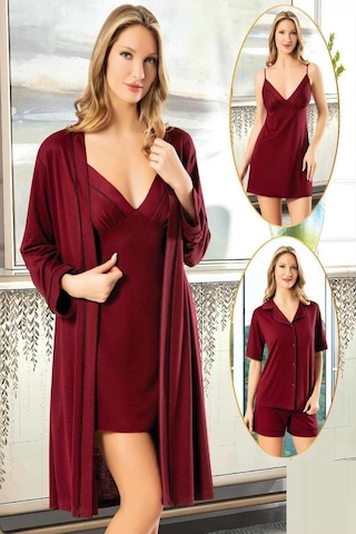 Xses 5025 Kadın Bordo Penye 4'lü Şortlu Sabahlık Gecelik Takım Bordo