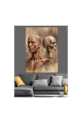 Anatomik İnsan Ve İskelet Portresi Yağlı Boya Dokulu Kanvas Tablo Canvas Tablosu