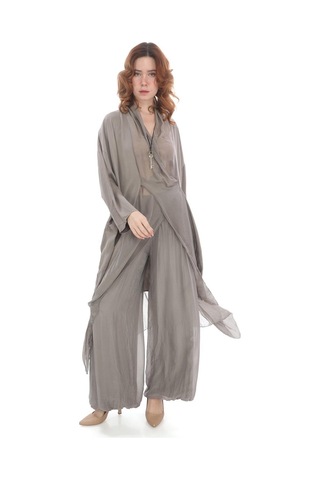 Bohem Stil Italyan Ipek Detaylı Oversize Kaftan & Bluz-8711 Bej