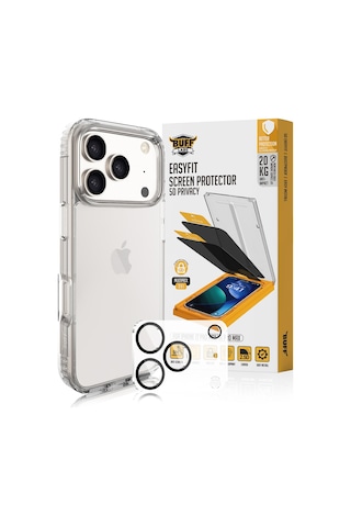 Buff Apple Uyumlu iPhone 17 Pro Max - Şeffaf Kılıf + Ekran Koruyucu + Lens Koruyucu Privacy