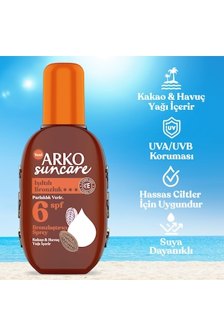 Arko Suncare Yüksek Korumalı Vücut Güneş Spreyi SPF30+ 200 ML + Bronzlaştırıcı Güneş Yağı SPF6 220 ML + Çanta
