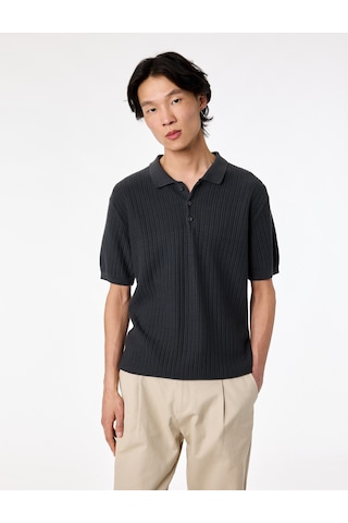 Koton Regular Fit Dokulu Pamuklu Düğmeli Polo Yaka Kısa Kollu Triko Tişört Gri 6sam70015ht