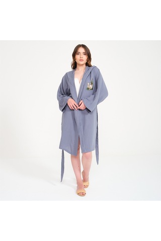 Pamuklu Kısa Kapüşonlu Müslin Kadın Bornoz Antrasit