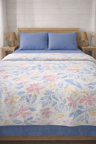 Faralya Life Baskılı Çift Kişilik Pike Takımı 200x220 Cm Pike 240x260 Çarşaf 2 Adet 50x70 Yastık Kılıfı %100 Pamuk Yumuşak Dokulu Yatak Örtüsü Seti Mavi