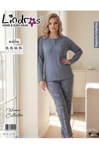 Boyraz Lindros Kadın Düğme Yaka Raporlu İnterlok Kışlık Battal Pijama Takımı 02735 - 1 Adet Füme