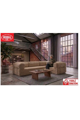 Herev Max 300x200 Kk Köşe Koltuk Takımı / Fitilli Kadife Kumaşlı Şark Köşe Bej