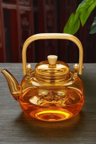 Amber Cam Demlik Ahşap Saplı Cam Filtreli Demlik 1 Litre - Isıya Dayanıklı Cam Bitki Çayı Demlik Amber