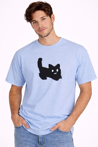 Nevermind Unisex Oversize Tişört Kedi Baskılı Minimal Tasarım Pamuk Mavi