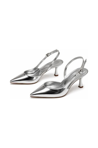 Asmi Shoes Kadın Siena Gümüş Ayna 7 Cm Topuklu Sivri Burun Arkası Açık Atkılı Ayakkabı GÜMÜŞ
