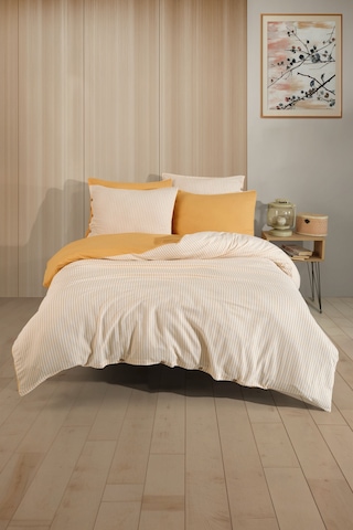 Çift Kişilik Pamuklu Çizgili Nevresim Seti Düğmeli Model 200 X 220 Cm Hardal