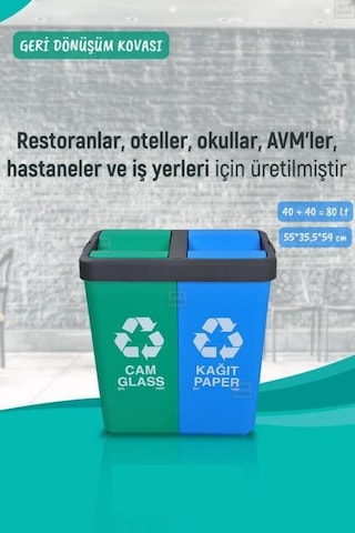 Geri Dönüşüm Kutusu Cam Kağıt Geri Dönüşüm Kovası Yeşil Mavi 80 Litre Yeşil-mavi