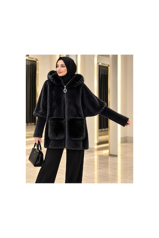 Moor Siyah Kürk Detaylı Fermuarlı Peluş Kaban Siyah - 936665946 Siyah