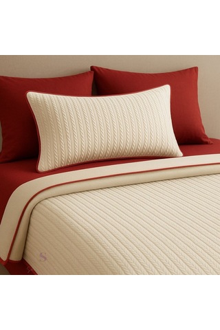 Kırmızı - Ekru Örgü Desen Çift Kişilik Nevresim Takımı Pike Tkm Çok Renkli
