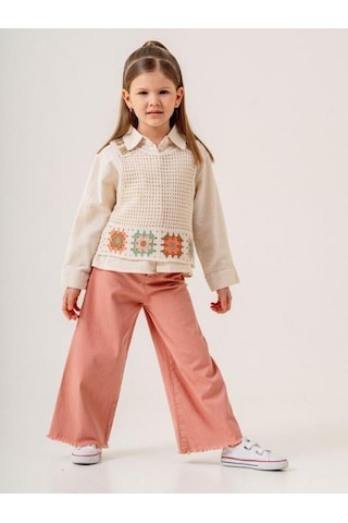 Kız Cocuk Gömlek Motif Desenli Süveter İkili Takım-15515 Bej
