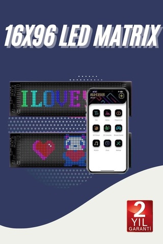 Cama Yapışan En Büyük Boy 16x96 Telefon Kontrollü Led Ekran Digital Araba Yazısı Çok Renkli