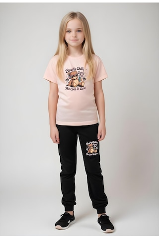 Fyk Kids Kız Çocuk Yuvarlak Yaka Baskılı Bearly Chillin Alt-üst Pijama Takımı Somon