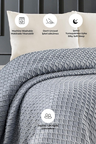 Akrilik Örgü Battaniye Çift Kişilik 220 X 240 Cm Yatak Örtüsü Pike Poly Gri