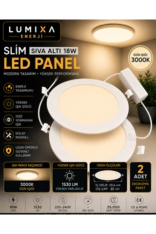 18w Slim Panel Led Spot Beyaz Işık İç Çap 20,5 Cm Dış Çap 22 Cm 1530 Lümen 2 Adet Gün Işığı