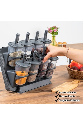 Porsima 1124 Standlı Kaydırmalı Kaşıklı Kapaklı Baharatlık Seti Antrasit