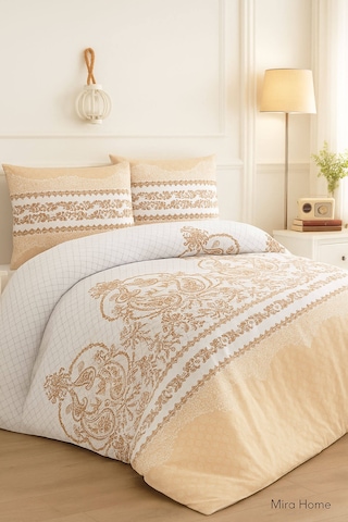 Çift Kişilik Pamuklu Nevresim Takımı Sarmaşık Bej Bej