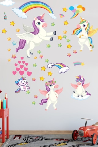 Unicorn Gökkuşağı Bulutlar Ve Yıldızlar Çocuk Odası Sticker Seti