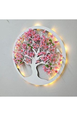 Led Işıklı Ve Pembe Sakura Hayat Ağacı Tablo 40cm - Beyaz