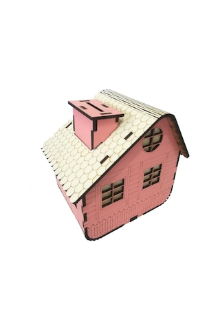 Kişiye Özel Dekoratif Ahşap Pembe Dağ Evi Kumbara -Tipbox