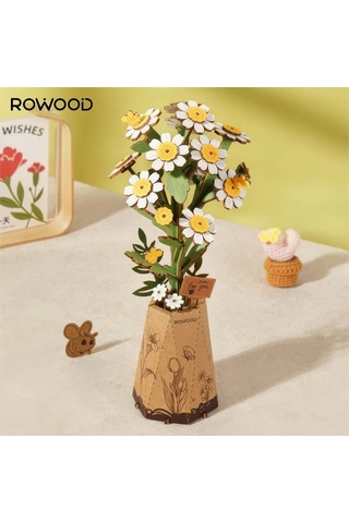 Rowood Tw061 Papatya Çiçeği Chamomile Dıy Minyatür Maket Model Seti Ahşap 3d Wooden Puzzle Model Kit Ahşap Maket Dekoratif Hobi Seti