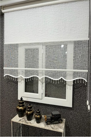 İncilifehome İcl1084 Çift Mekanizmalı Geometrik Desenli Tül Ve Stor Perde Kırık Beyaz Boncuklu Kırık Beyaz