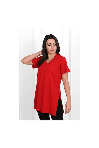 Kadın V Yaka Yırtmaçlı T-shirt 8783-22 001