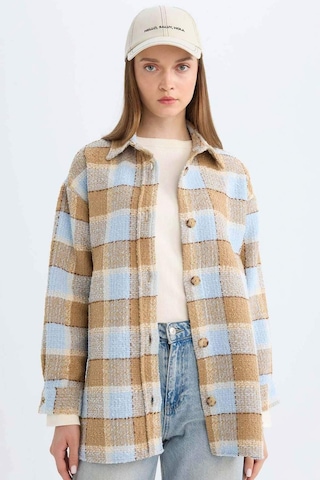 Defacto Relax Fit Gömlek Yaka Kareli Flanel Uzun Kollu Gömlek Tunik D4774AX24AUBE409 Mavi