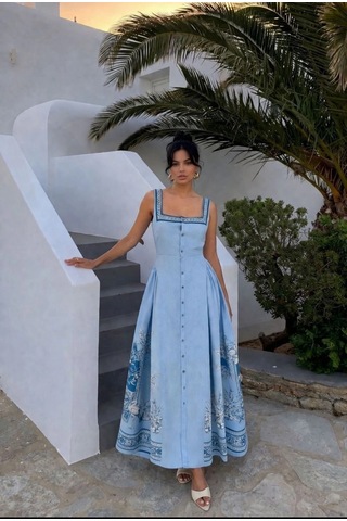 Asprinfashion Yan Büzgülü Kare Yaka Elbise Mavi