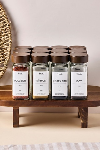 Perotti Raul Woody 12'li Akasya Kapak Baharatlık Seti 120ml + 30 Etiket 16779 Kahverengi