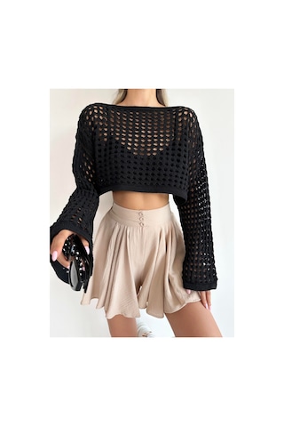 Munora Butik Uzun Kollu Siyah Triko Crop Bluz Siyah Siyah