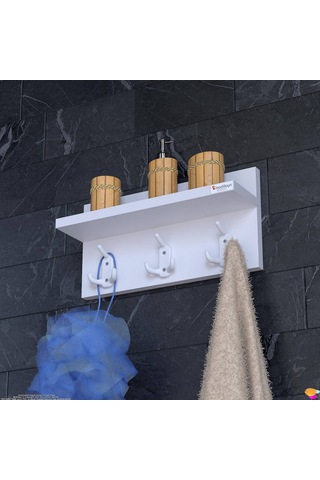Modilayn Kedi Serisi 46,4x18 Cm, 3 Lü Banyo Askısı Seti: 9 Kancalı Raflı Düzenleyici, Yer Tasarrufu. Beyaz