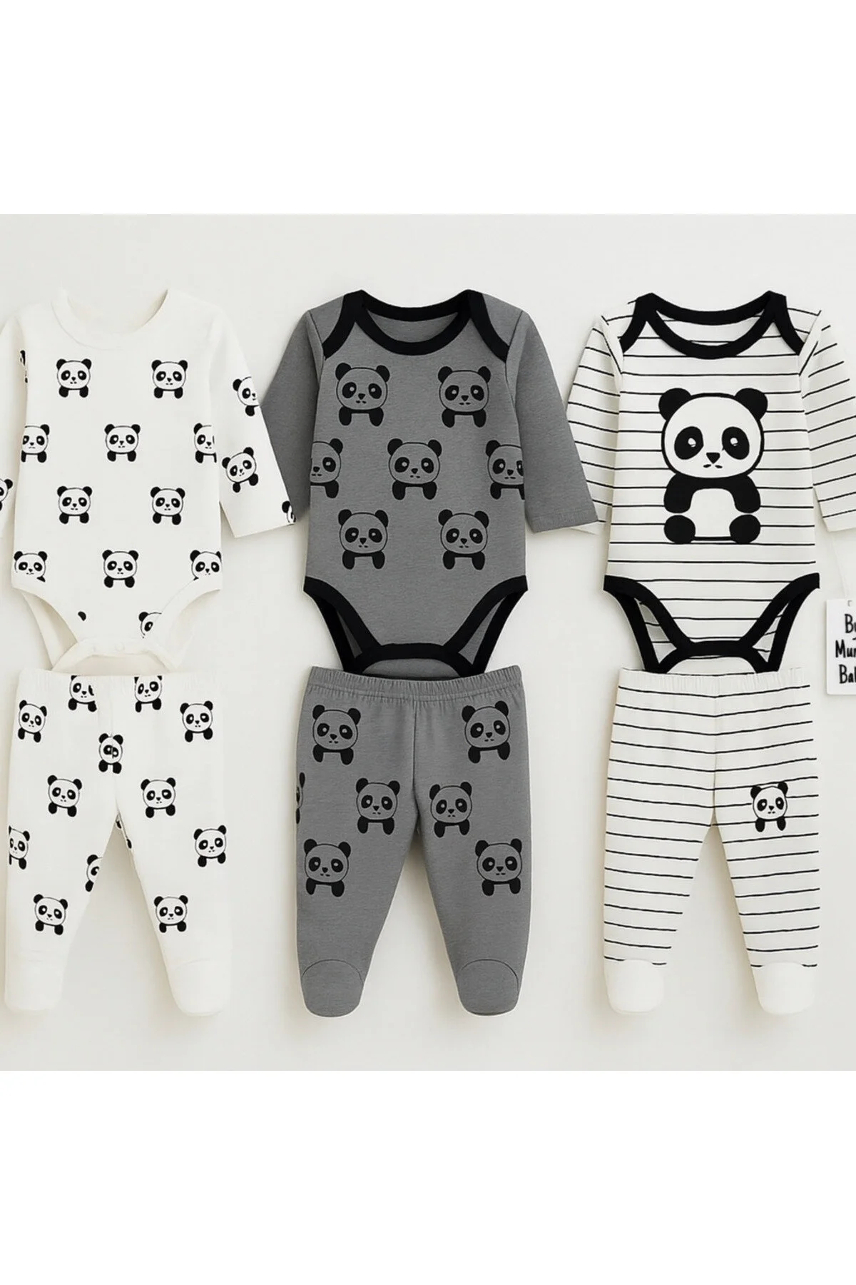 Panda Desenli 3 Lü Alt Üst Patikli Body Takım 6 Parça Pamuk Beyaz - Siyah Panda Desenli 3 Lü Alt Üst Patikli Body Takım 6 Parça Pamuk Beyaz - Siyah