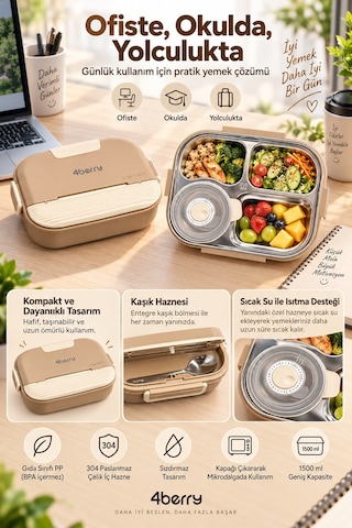 4 Bölmeli Yemek Termosu 1500 Ml Paslanmaz Çelik, Sızdırmaz, Kaşıklı Ve Sos Kaplı Beslenme Kutusu Kahverengi