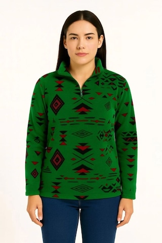 Mbb E-ticaret Kadın Yarım Fermuarlı Desenli Polar Sweat Tribal Etnik Desen Yakalı Uzun Kollu - Yeşil Çok Renkli