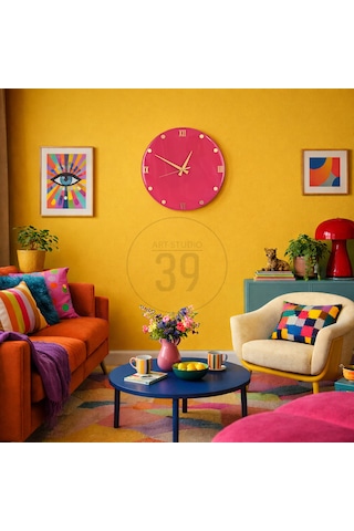 Dekoratif Epoksi Duvar Saati 40 Cm, Fuşya Pembe Modern Tasarım, Altın Detaylı, Sessiz Mekanizma, Yeni Ev Hediyesi Pembe