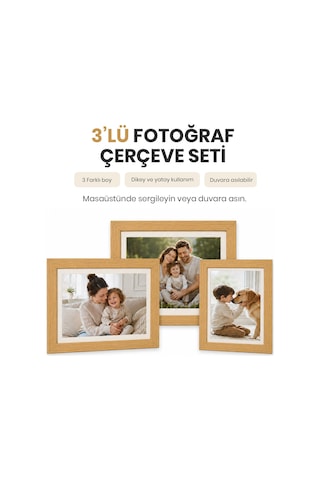 Vusıgn Vs65 Mdf Ahşap Rengi Masaüstü Ve Duvar Askılı Çerçeve Fotoğraf Çerçevesi 3'lü Set