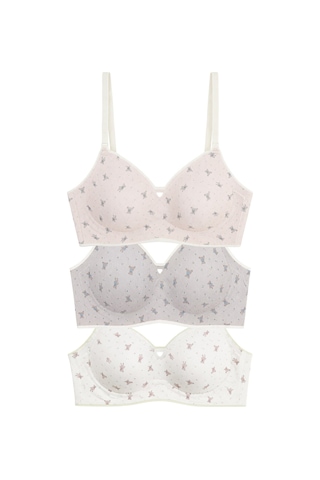 Cottonill Seamless Bra - Mireva Lazer Kesim Rib Dokulu Ayıcık Desenli Balensiz Kadın Sütyen 3'lü Paket Çok Renkli