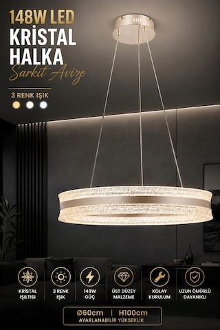 Modern Premium Led Halka Sarkıt Avize Modern Gold Salon Avizesi 148w 3 Renk Beyaz