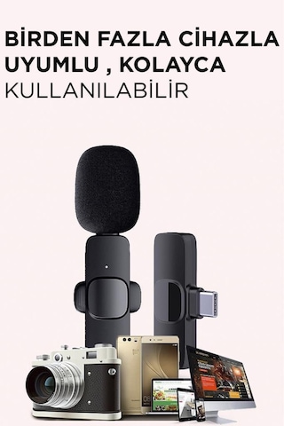 K9 2li Type-c + Lightning Dönüştürücülü Kablosuz Yaka Mikrofonu 2li